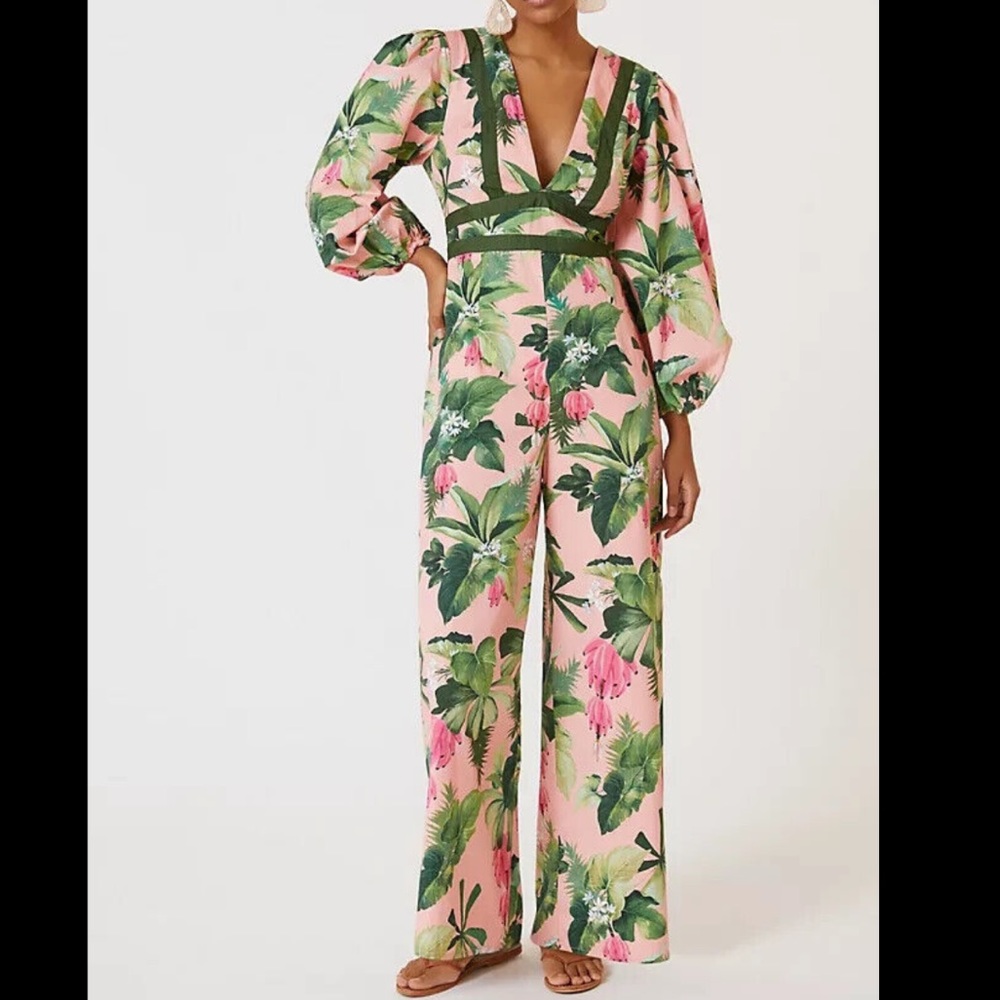Farm Rio x Anthropologie Deep V Palm Leaf Jumpsuit NWT